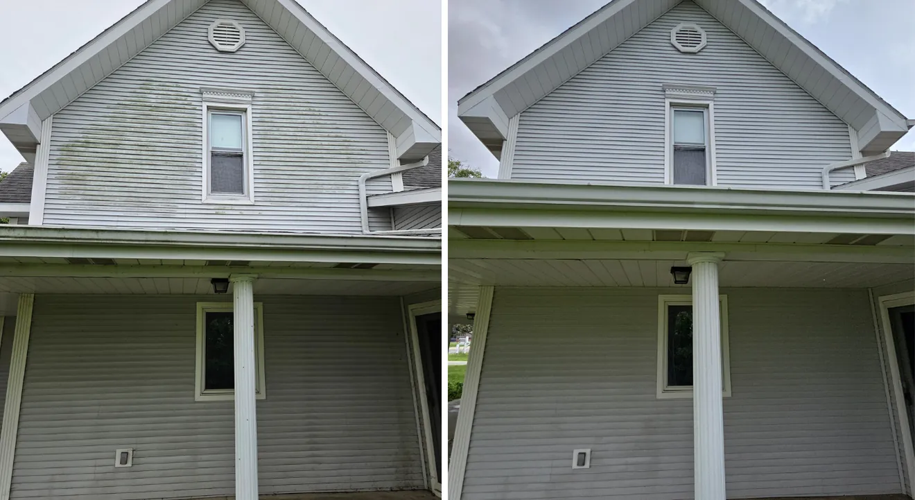 Before and after: a farmhouse gable covered in patches of green algae, then the same wall soft washed clean
