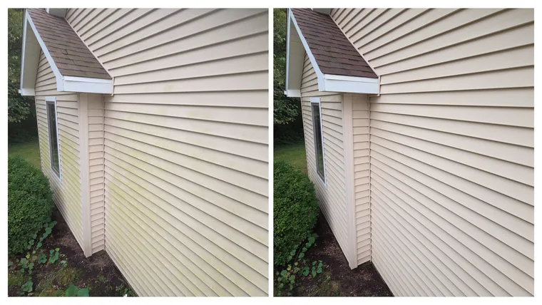 Before and after: green algae soft washed off tan vinyl siding beside a small shingled bay roof