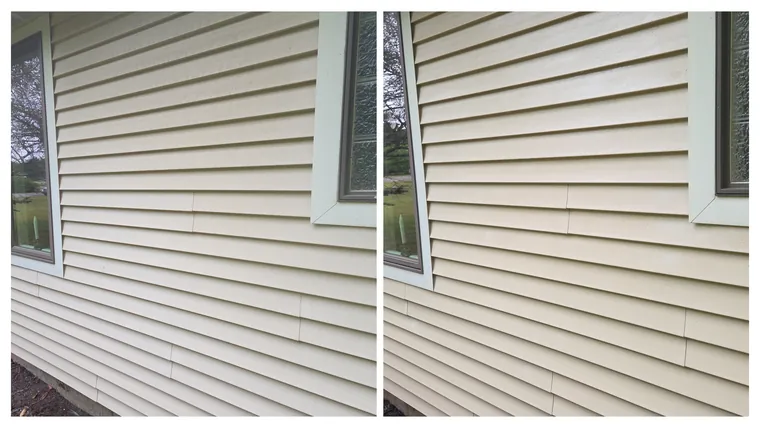 Before and after: tan vinyl siding between two windows, washed free of a dull grey film