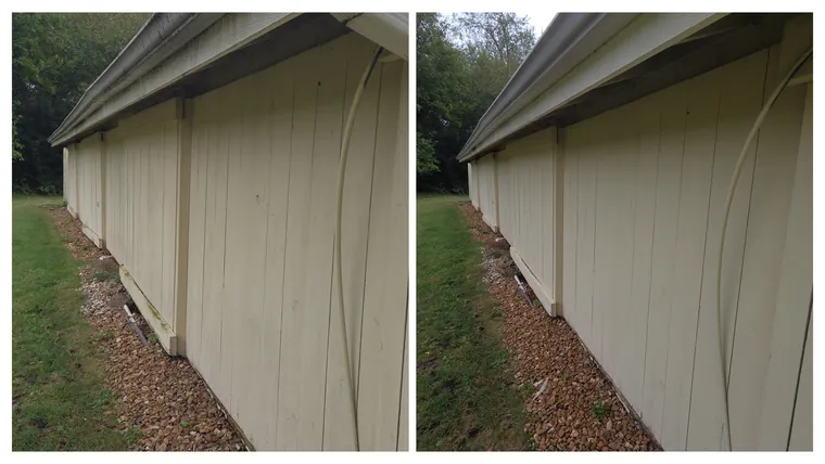 Before and after: an outbuilding's painted board wall, cleaned of algae along the base