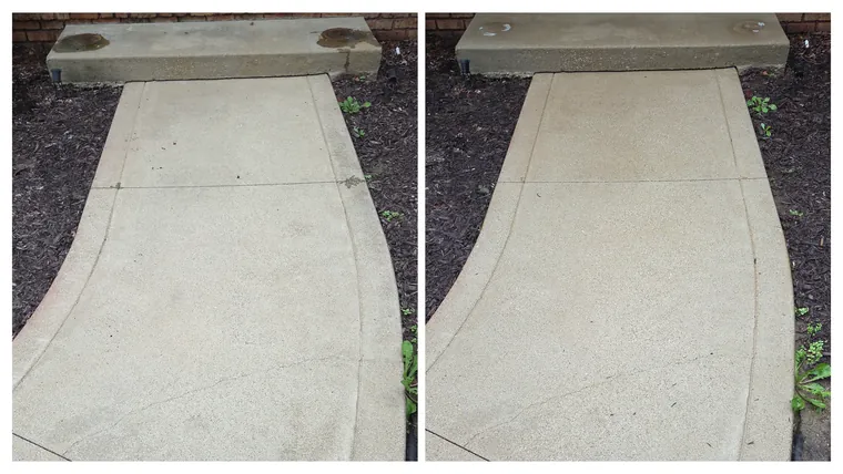 Before and after: a curved concrete front walk and step, stains and dark spots lifted