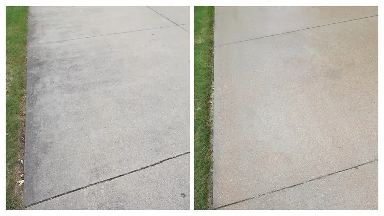 Before and after: a driveway slab beside the lawn, grey grime and dark streaks washed off