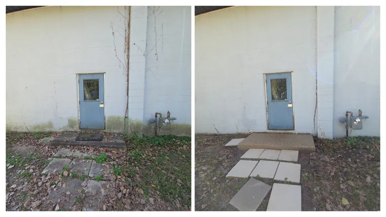 Before and after: a block wall beside a blue steel door, dead vines and green staining at the base removed