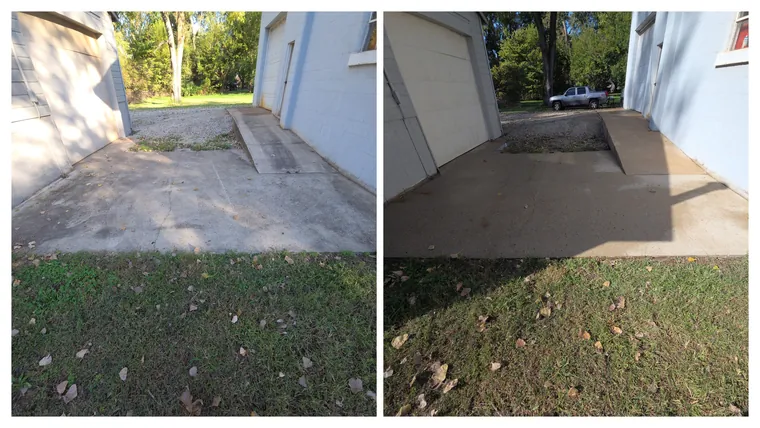 Before and after: a concrete ramp and pad between two buildings, grey grime and dark stains pressure washed off