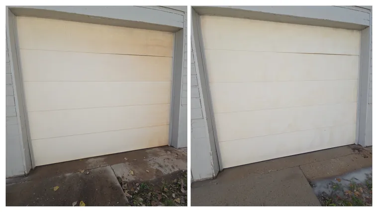 Before and after: brown staining across the top of a cream garage door cleaned, and the slab in front of it