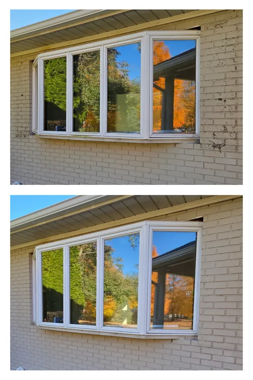 Before and after: a bay window and the painted brick around it, washed clean