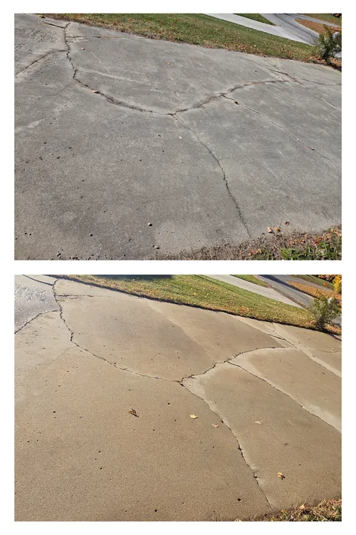 Before and after: a dull grey concrete driveway pressure washed back to a clean sand colour