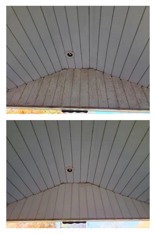 Before and after: a porch ceiling and soffit, the dirt streaks washed out