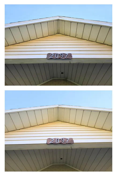 Before and after: a gable end with house numbers, its siding and trim washed clean