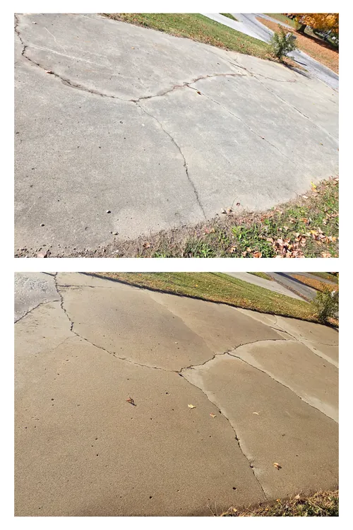 Before and after: a wide stretch of concrete driveway, pressure washed to an even finish