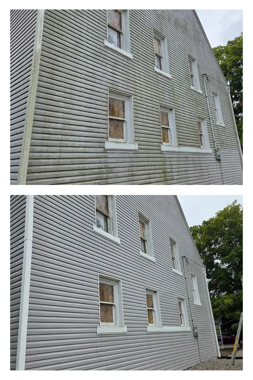 Before and after: three storeys of church siding and windows, cleared of green staining
