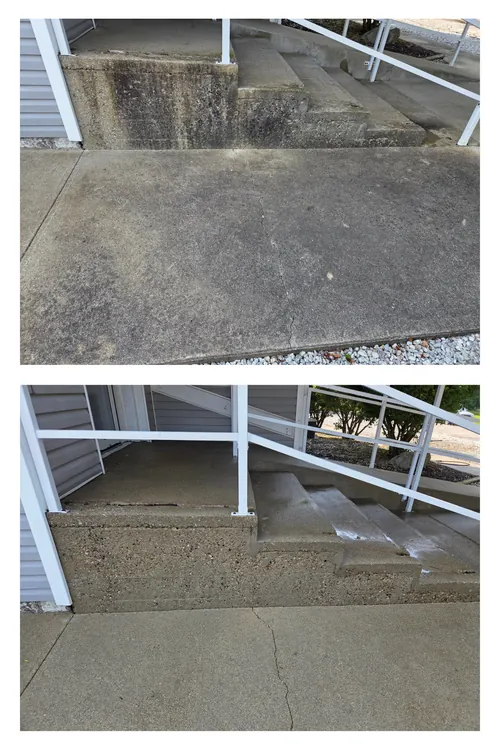 Before and after: concrete steps and a handrail at a church entrance, pressure washed clean