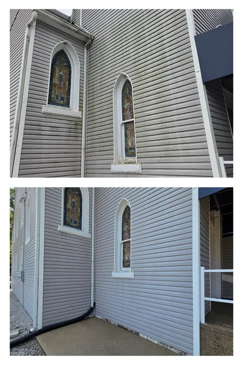 Before and after: church siding around an arched stained-glass window, soft washed