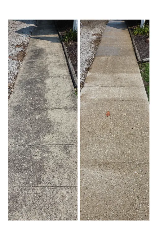 Before and after: a concrete walkway beside the church, cleaned of algae and staining
