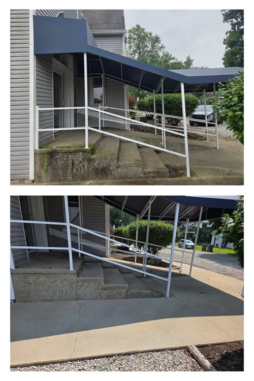 Before and after: an entrance ramp, steps and walkway at a church, pressure washed clean