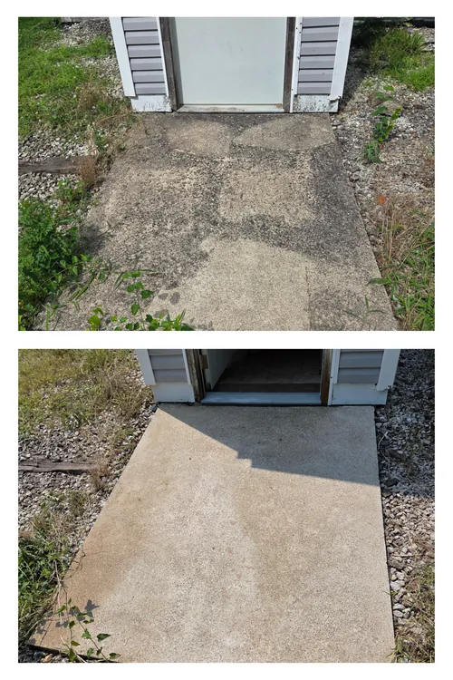 Before and after: a stained concrete pad outside a doorway, washed back to clean grey