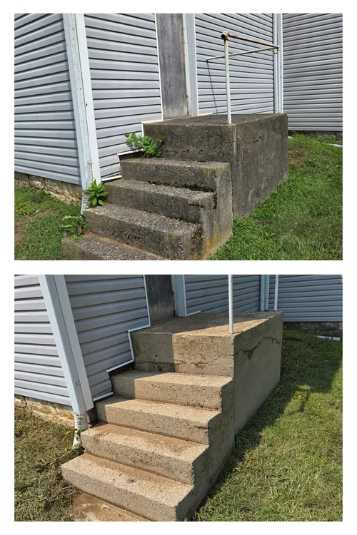 Before and after: weathered concrete steps beside a building, pressure washed clean