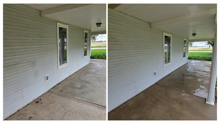 Before and after: a farmhouse's covered porch, its concrete floor and siding washed clean