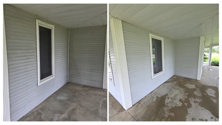 Before and after: the corner of a wraparound porch, the stained concrete floor cleaned to an even finish