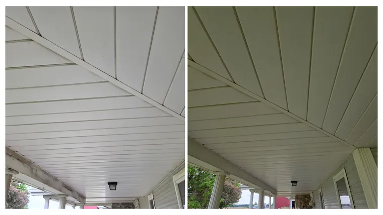 Before and after: a beadboard porch ceiling cleaned of dust and cobwebs