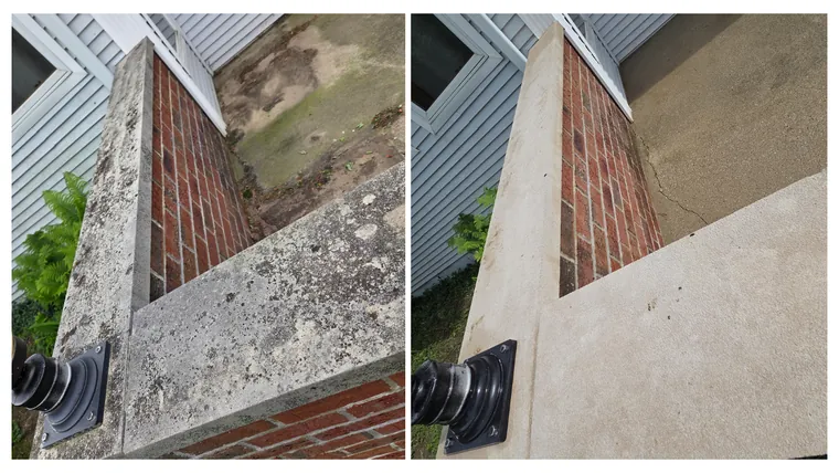 Before and after: a stained brick chimney and the concrete beside it, scrubbed back to clean brick