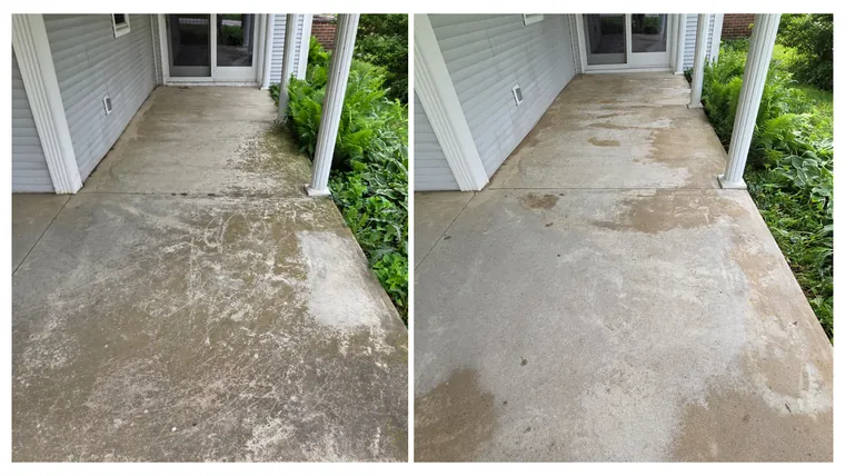 Before and after: the concrete walkway along a farmhouse porch, cleaned end to end