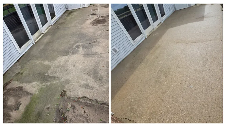 Before and after: a heavily stained concrete porch slab washed to a uniform sand colour