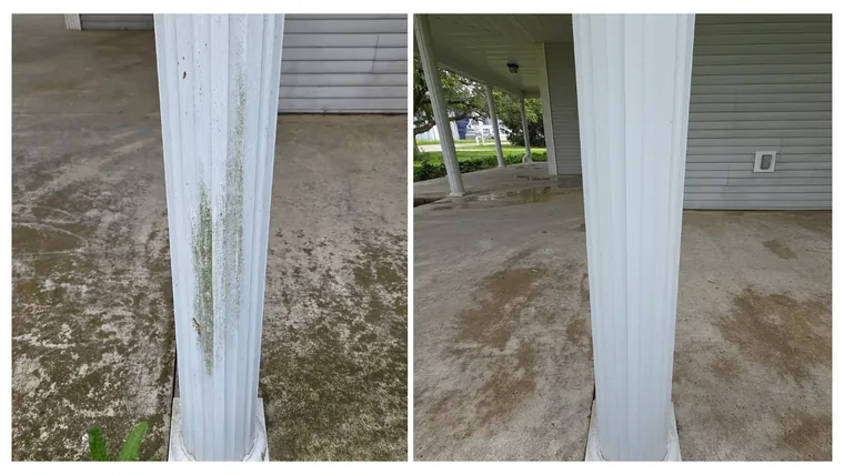 Before and after: white porch columns and the concrete underfoot, cleaned of algae streaks