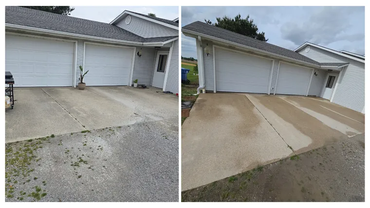 Before and after: a detached garage's doors and concrete apron, pressure washed clean