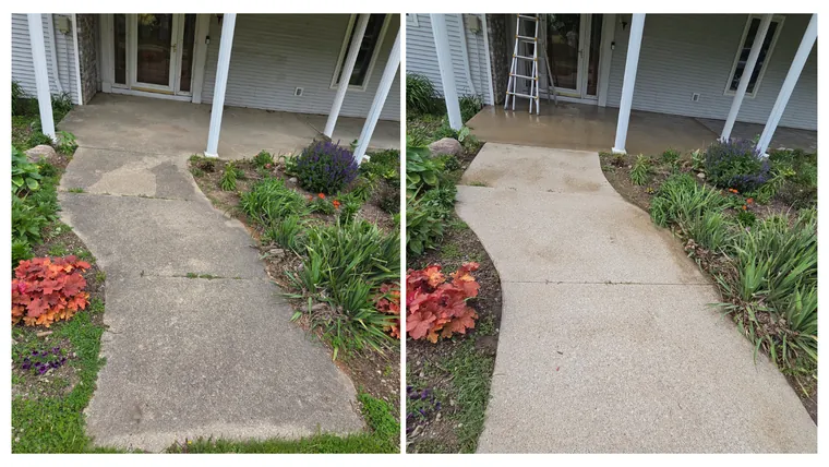 Before and after: a concrete sidewalk running between flower beds, restored from grey to clean