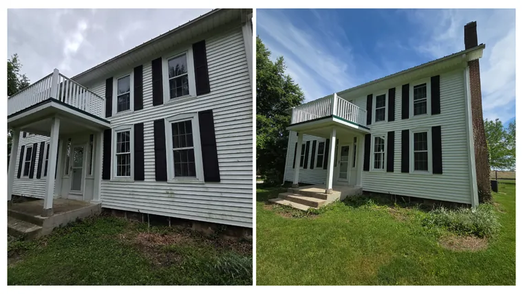 Before and after: a two-storey white farmhouse, its siding and porch washed clean of years of grey weathering