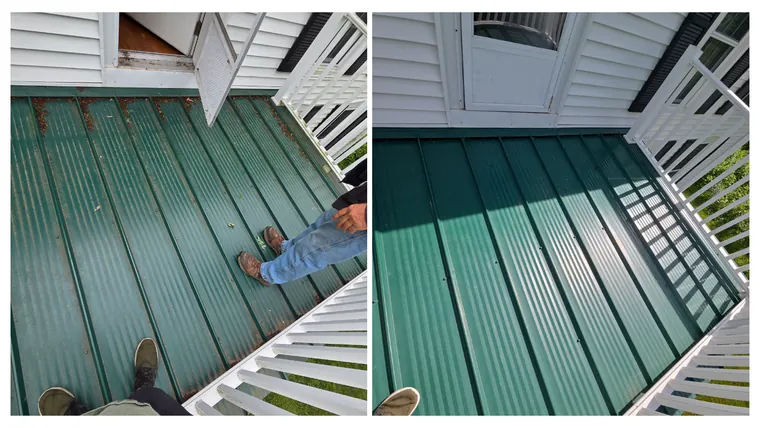 Before and after: an oxidised, chalky green metal roof restored to a deep, uniform green