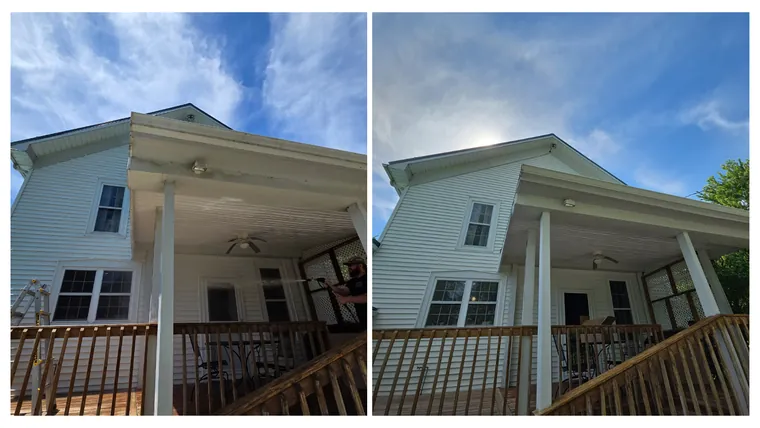 Before and after: the farmhouse porch and gable end, cleaned back to bright white