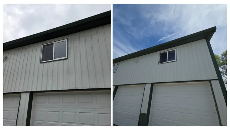 Before and after: the side of a metal shop building and its garage door, cleaned of grime