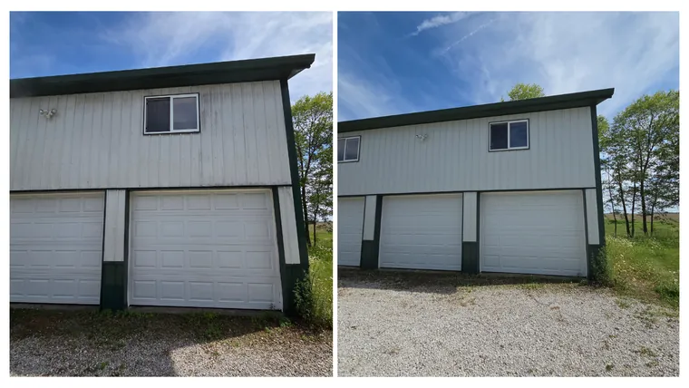 Before and after: the front of a metal shop building with two garage doors, washed bright white
