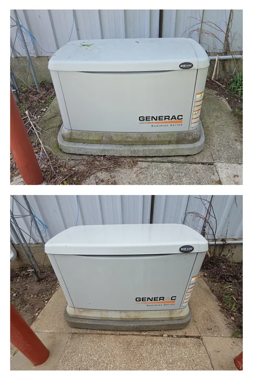 Before and after: a dirt-streaked standby generator cabinet washed clean