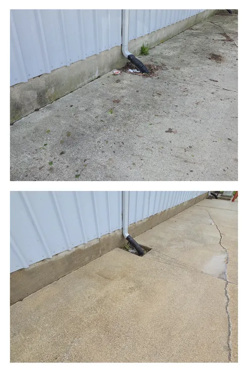 Before and after: the concrete apron at the base of a metal building, cleaned of grime