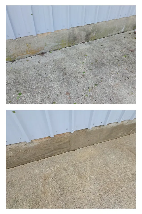 Before and after: staining along a building's base and its concrete pad, pressure washed off