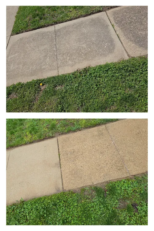 Before and after: concrete walkway slabs cleaned back to an even, bright finish