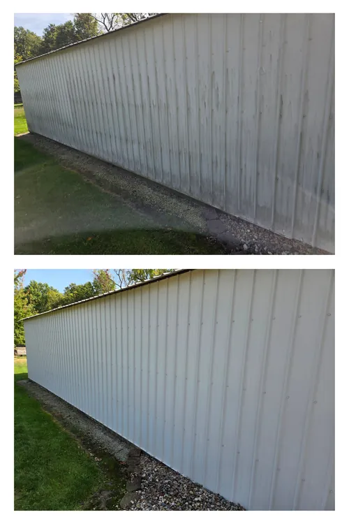 Before and after: the long wall of a white metal pole barn, washed clean end to end