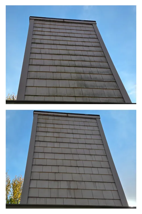 Before and after: a tall gable end clad in cedar-shake vinyl, soft washed free of green algae