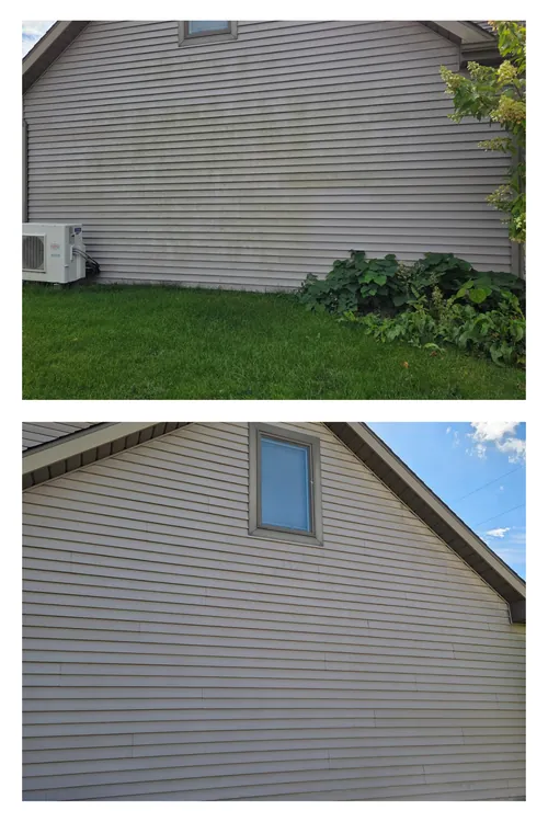 Before and after: the side wall of a lake house beside its mini-split unit, cleaned of algae