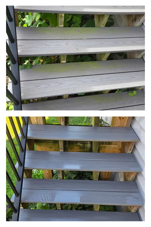 Before and after: weathered grey wooden deck stairs washed back to clean timber
