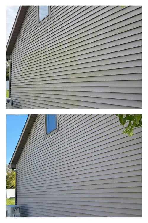 Before and after: a long run of lap siding washed back to clean, even cream