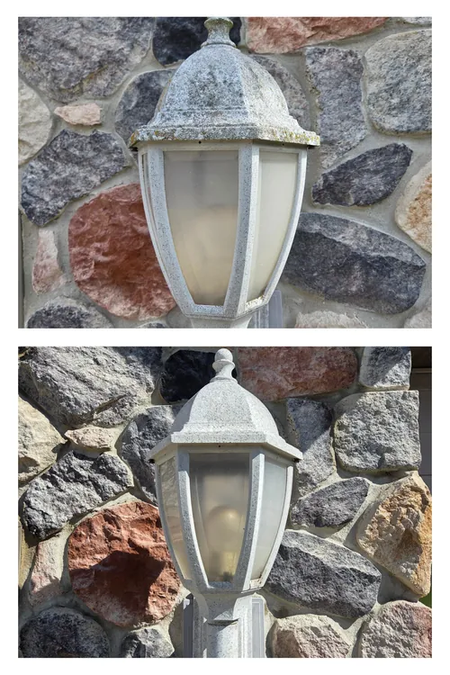 Before and after: a stone-clad lamp post and its light fixture, cleaned of dirt and algae