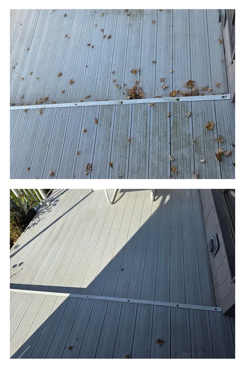 Before and after: a composite deck cleared of leaves and green film, back to clean grey
