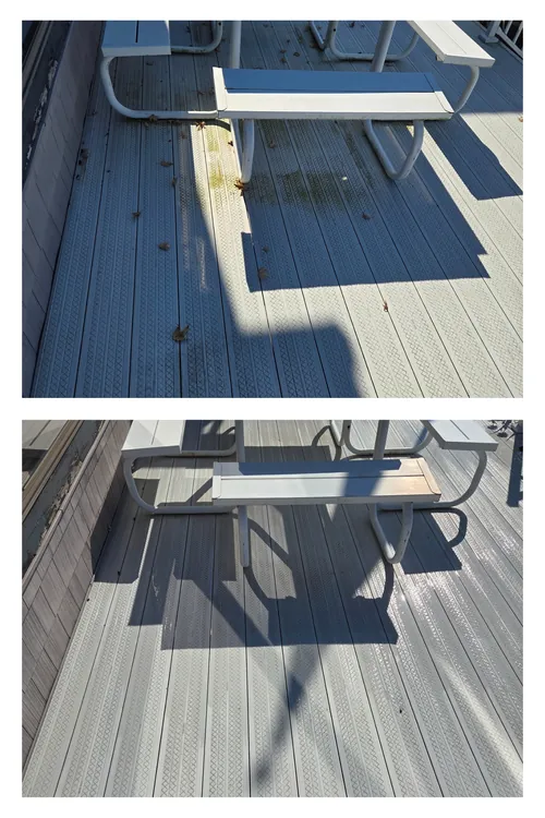 Before and after: a composite deck with patio furniture, washed clean underfoot