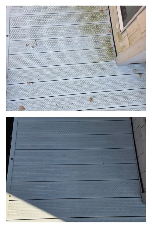 Before and after: close-up of composite deck boards, the mildew washed out of the grain