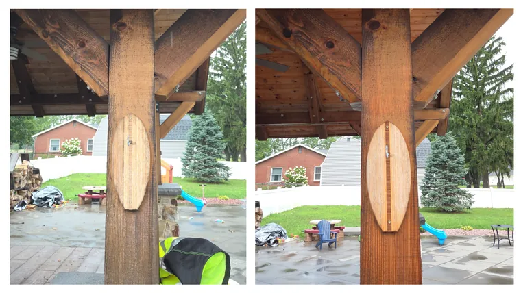 Before and after: a heavy timber pavilion post, washed from dull grey back to rich brown grain