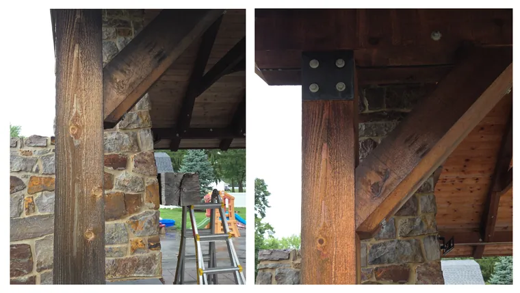 Before and after: a pavilion post and knee brace beside the stone chimney, cleaned of weathering